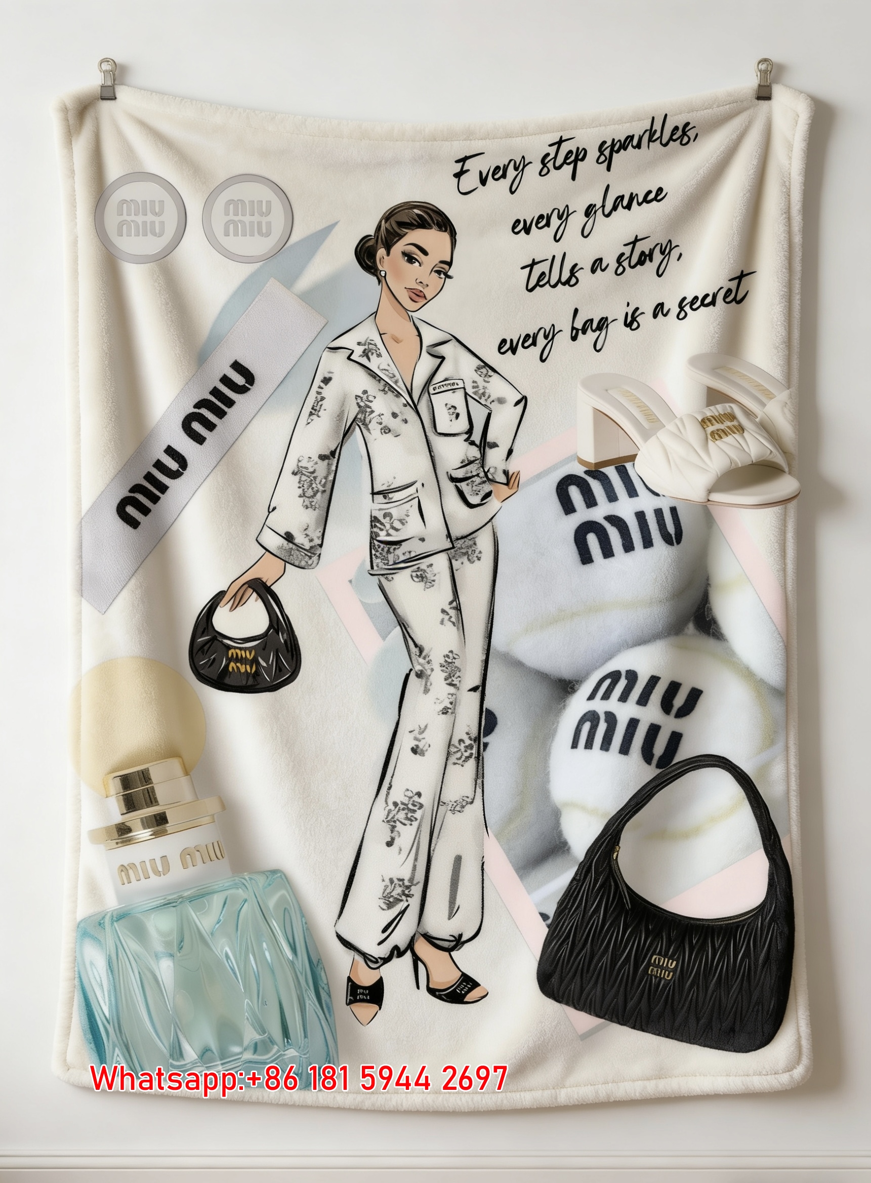 Miu Miu White & Black Floral Pajama Sketch Printed Flannel Sofa Throw Blanket IMG_0493